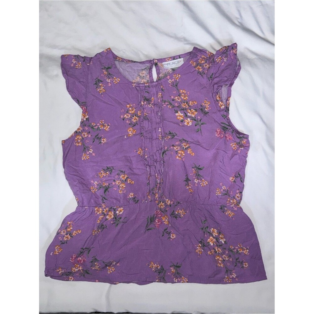 The Childrens Place size 14 Purple Floral Ruffle Cap-Sleeve Top